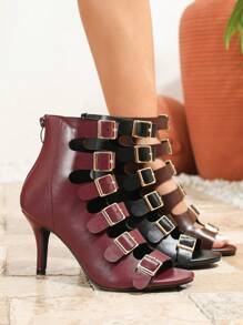 Women's Black Stiletto Ankle Boots, Spring/Summer New Fashion Versatile Zipper Back Strap Sandals, Round Toe High Heels, Outdoor Comfort Plus Size, Hollow-Out Breathable Short Boots, High Heel Roman Sandals - Burgundy - View 9