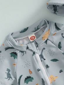 3M-3T Toddler Boys Rash Guard Swimsuit Playsuits Dinosaur/Fish Print Zipper Short Sleeve Sun Protection Bathing Suit With Swim Cap - Grey - View 6