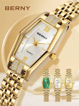 BERNY 女士金色不锈钢表带钻石点缀商务休闲石英腕表 - 蓝宝石涂层玻璃，30 米防水，优雅日常
