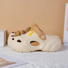 女士厚底穿孔一脚蹬凉鞋，时尚厚底可爱系带卡通沙滩拖鞋，适合春夏秋季