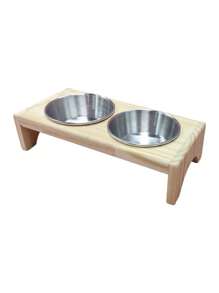 Comedouro PEQUENO para gatos ou cachorros de pequeno porte agua e ração 2 potes de alumínio com base de madeira de Pinus finger Mini Madeira natural Pets Pequeninos