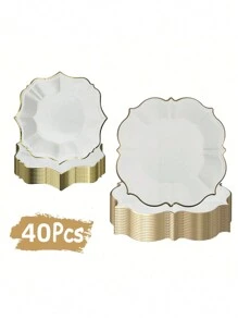 40pcs White Golden Foil Disposable Paper Plates For Party/Wedding/Anniversary 20pcs 9in Lunch Plates And 20pcs 7in Dessert/Salad Plates - White - View 3