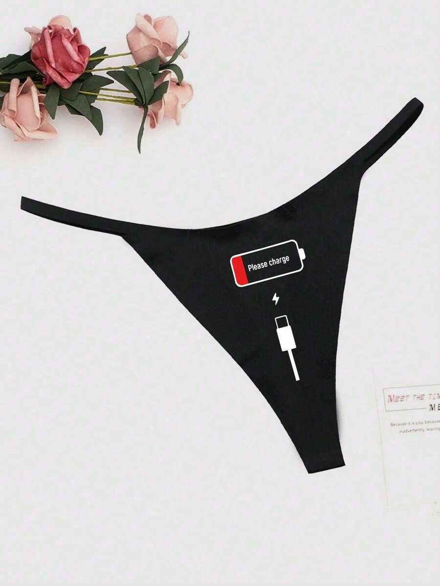 Women's Thin, Skin-Friendly, Sexy Rechargeable Pattern G-String Panty - Black - View 1
