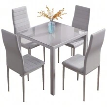 Glass Table And Chairs Set 4, 75cm Square Table With 4 Faux Leather High Back Chairs Modern Dining Room Sets For Home Kitchen Office - Grey - View 11