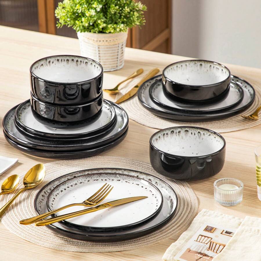 12 Pcs Stoneware Dinnerware Set, Beige Set, Dinner Plates, Dessert Plates And Bowls For 4 Person - Beige - View 1