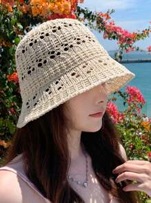Swim Mod 1pc Women's Solid Color Woven Straw Beach Hat, Hollow And Breathable, Minimalist And Fashionable, Suitable For Beach, Sun Protection, For Spring/Summer - A - View 4
