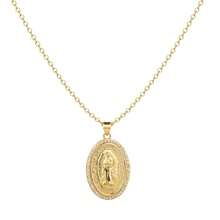 dollrinboy 1 st. 14K vergulde Guadalupe Maagd Maria ovale hanger ketting voor vrouwen mannen Zirconia inlay Maagd Maria 3mm platte Figaro ketting