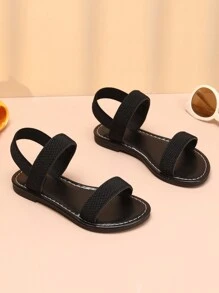 1 paar meisjes eenvoudige effen zwarte casual sandalen, zachte en comfortabele stoffen bandjes met TPR-zool, verstelbare dubbele elastische banden, platte hak, geschikt voor school, reizen en dagelijks gebruik