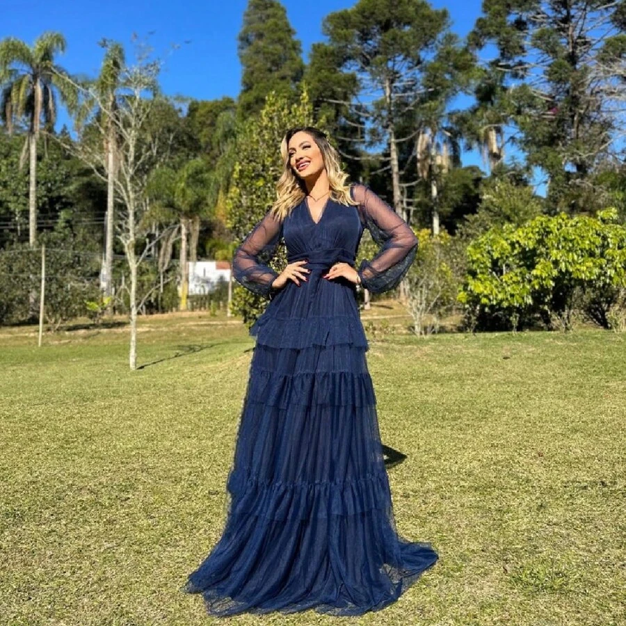 Vestido De Festa Marsala Madrinha Formatura Casamento Manga Longa Babado Três Maria - Azul Marinho - Visão 1