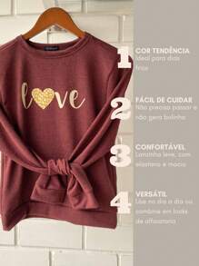 Fleece Blouse With Cuffs And Love Print, Warm Winter - 鏽棕色 - 查看 2