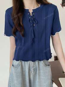 Women's Short Sleeve Fitted Contrast Color Knit Top, Summer
