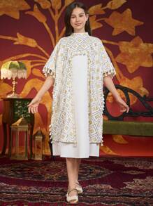 Tween Girls Long White Embroidered Dress With Beaded Embroidery, African Style - White - View 4