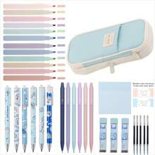 36Pcs Cute School Supplies With Cute Pen Case, 12 Pastel Highlighters, 6 Black Ink Gel Pens, 6 0.5mm Kawaii Mechanical Pencils Set For Students Stationery College Essentials Back To School
