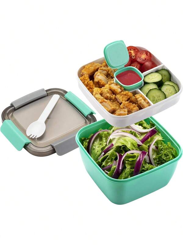 1pc,All-In-One Salad Container - Large Salad Bowl, Bento Box Tray, Leak-Proof Sauce Container, Airtight Lid, & Fork For Healthy Adult Lunches; Dishwasher/Microwave Safe, Kitchen,Christmas Gift, Suitable For Anyone