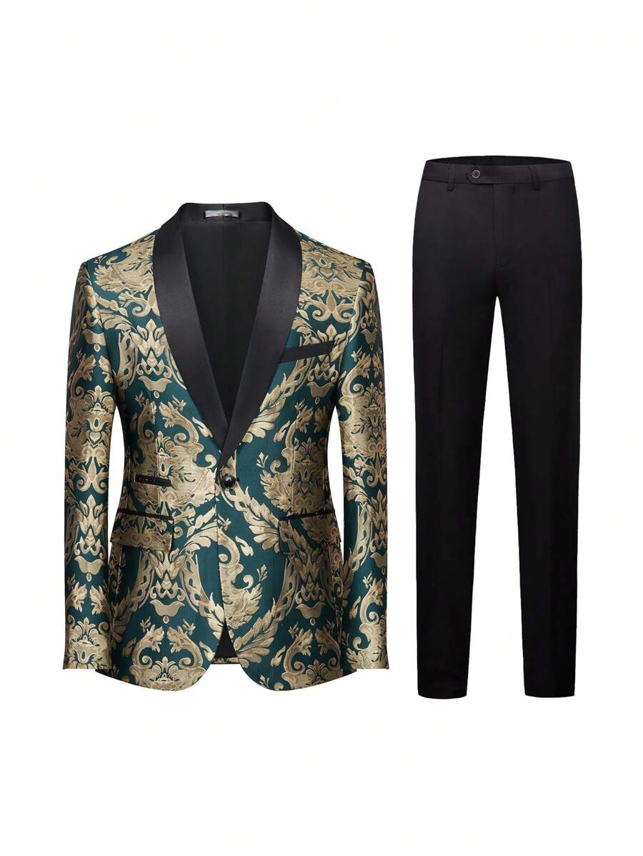 Suits For Men - 2 Piece Tuxedo Comprising Floral Blazer Regular Fit Jacket Pants Set For Wedding Prom Occasions (Black+Green) - Green - View 1