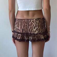 Women Low Waisted Leopard Print Mini Skirt Sexy Ruffle Lace Edge Mini Skirt Skorts - Cà phê nâu - Xem 4