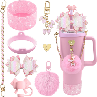 Bling Cup Accessories For 40oz & 30oz Tumbler Including Silicone Cute Bow Straw Topper Cover, Silicone Cup Boot, Leather Water Bottle Handle Strap, Charms, Back To School Supplies