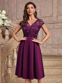 MIUSOL 亮片花卉蕾丝 V 领盖袖鸡尾酒会 A 字裙、婚礼宾客礼服、舞会礼服