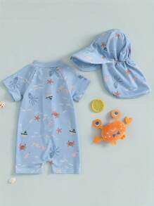 3M-3T Toddler Boys Rash Guard Swimsuit Playsuits Dinosaur/Fish Print Zipper Short Sleeve Sun Protection Bathing Suit With Swim Cap - 藍色 - 查看 4