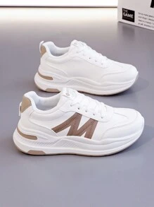 女士新款休闲白色运动鞋，百搭平底，适合跑步、健身、网球等运动 - 卡其色 - 查看 4