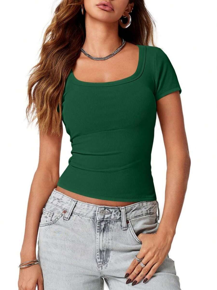 Womens Scoop Neck Short Sleeve Casual Tshirts Tops Summer Going Out Work Cute Fitted Shirts - 橄欖綠 - 查看 1