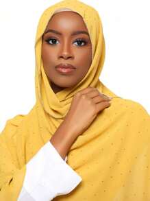 1pc Women's Rhinestone Chain Chiffon Headscarf, Islamic Fashion Solid Color Scarf, Muslim Sunscreen Hijab Headwrap, Suitable For Daily Wear