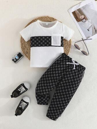 2 件套男婴夏季短袖印花套装，圆领上衣搭配休闲裤，时尚套装