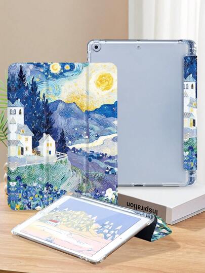 油画星空平板电脑保护壳，兼容 iPad 9.7/10.2/10.5/10.9/12.9/Pro 11、Galaxy Tab A7 Plus 10.95 英寸、MatePad 10.4 英寸、Tab 等，带笔槽/防摔/自动睡眠/唤醒