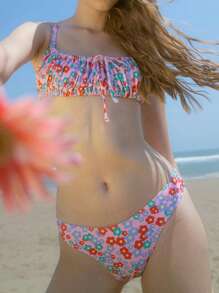 Women Bikini Set, Sleeveless Tie-Up Bra With Low Waist Briefs Floral Bathing Suit 2-Piece Swimsuit - Pink - View 6
