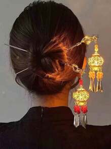 1个发光灯笼造型发簪，带人造珍珠流苏，波西米亚风发髻发夹，发髻造型器，发饰，美发发卡，配饰 - 金色 - 查看 9