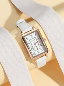 1 Stück Modische Quarz-Armbanduhr für Damen mit quadratischem Zifferblatt mit römischen Ziffern und Lederarmband, geeignet für den täglichen Gebrauch und als Geschenk