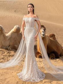 Faeriesty 奢华露肩美人鱼裙摆串珠礼服及晚礼服，适合派对、婚礼等场合，优雅迷人。 - 香檳色 - 查看 6