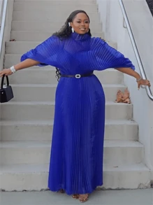 GLOURI Naija Style Black Pleated Maxi Dress - Elegant Mesh Formal Gown With Stretchy Maternity Waist, Nigerian Wedding Guest Dress For Photoshoots/Birthday Parties/African Events (Long Sleeve) - 藍色 - 查看 2