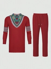 2pcs/Set Men's Plus Size Red Dashiki Set, V-Shaped Print, Classic Design, Long Sleeve, Elastic Waist Pants, African Traditional Clothing, Plus Size Casual Shirt And Pants 2 Pieces Set, New Arrival For All Seasons, Weddings, Gatherings, Dates, Cultural Events, Traditional Ceremonies - Red - View 2