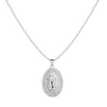 dollrinboy 1 st. 14K vergulde Guadalupe Maagd Maria ovale hanger ketting voor vrouwen mannen Zirconia inlay Maagd Maria 3mm platte Figaro ketting