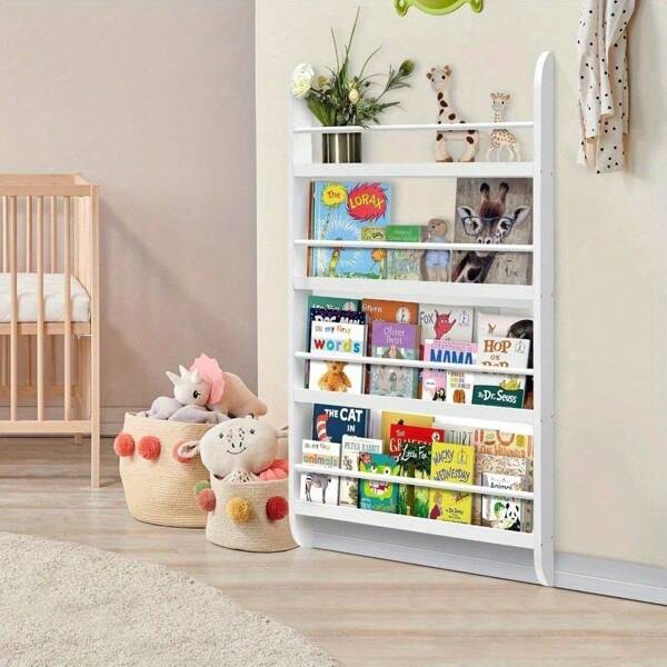 Bookshelf Wall Rack 4 Layers Wooden White Wall Mounted Bookshelf Playroom MDF Magazine Rack Storage Rack Room Display Rack 117x60x 4.5CM