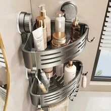 Space-Saving Suction Cup Bathroom Shelf - No Drilling Required, Sturdy Triangular Rack With Hooks, Suitable For Shower And Toilet Wall/Tile, Multi-Functional Storage Organizer Home Bathroom Decor Bathroom Organizer Fall Decor Back To School Bathroom - Grey - View 4