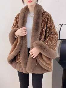 一件秋冬季仿毛皮饰边亮面披肩，法兰绒内衬，休闲派对优雅斗篷外套，可搭配连衣裙穿着。 - 彩色 - 查看 8