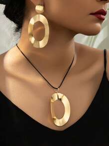 3pcs/Set Fashionable Hollow Oval Pendant Necklace And Earrings Jewelry Set, Suitable For Women Party, Gathering, Daily Wear, Gift - Jewelry Set - View 7