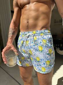 Men's Lightweight Full Print Beach Shorts, Drawstring Waistband, Sports, Casual, Travel, Quick Dry, Summer - Yellow - View 1