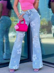 Quần jeans nữ cạp cao, túi xéo, in họa tiết hoa, rách rưới, ống loe, chất liệu co giãn, kiểu retro, thích hợp cho kỳ nghỉ, mùa xuân. - Màu xanh lam - Xem 3