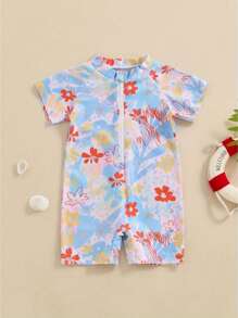 Toddler Boy Girl Short Sleeve One Piece Zipper Swimsuit Summer Floral Print Swimwear Romper Jumpsuit Beach Bathing Suit - 藍色 - 查看 2
