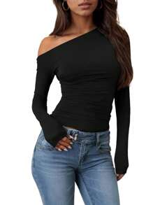 女士不对称领口性感不对称肩部褶皱短款上衣，修身时尚夜店风长袖T恤，纤瘦身材必备单品 - 黑色 - 查看 4
