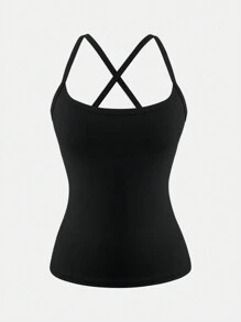 XLLAIS 女士简约纯色交叉露背弹力运动健身吊带背心，时尚细肩带黑色衬衫 - 黑色 - 查看 5