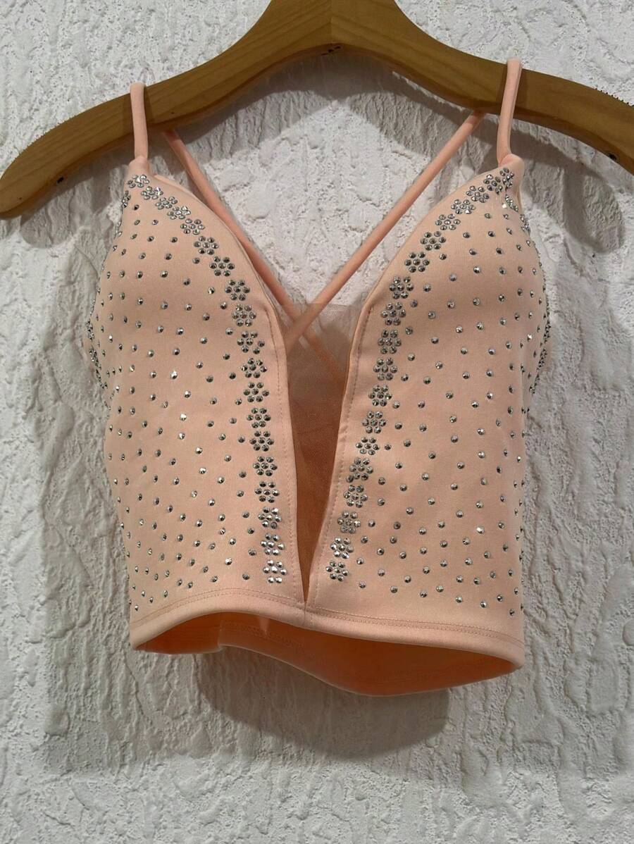 Cropped Top In Neuprene Fabric With Tulle And Extra Shiny With A Cup, Size 36-40 - Rosa coral - Ver 1