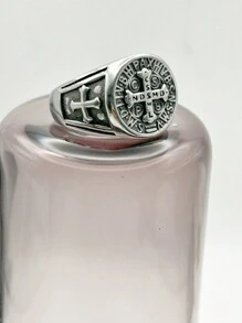 Men's Stainless Steel Ring Order Of Protection Of Saint Benedict Gold Plated Silver Cross - Bạc - Xem 1