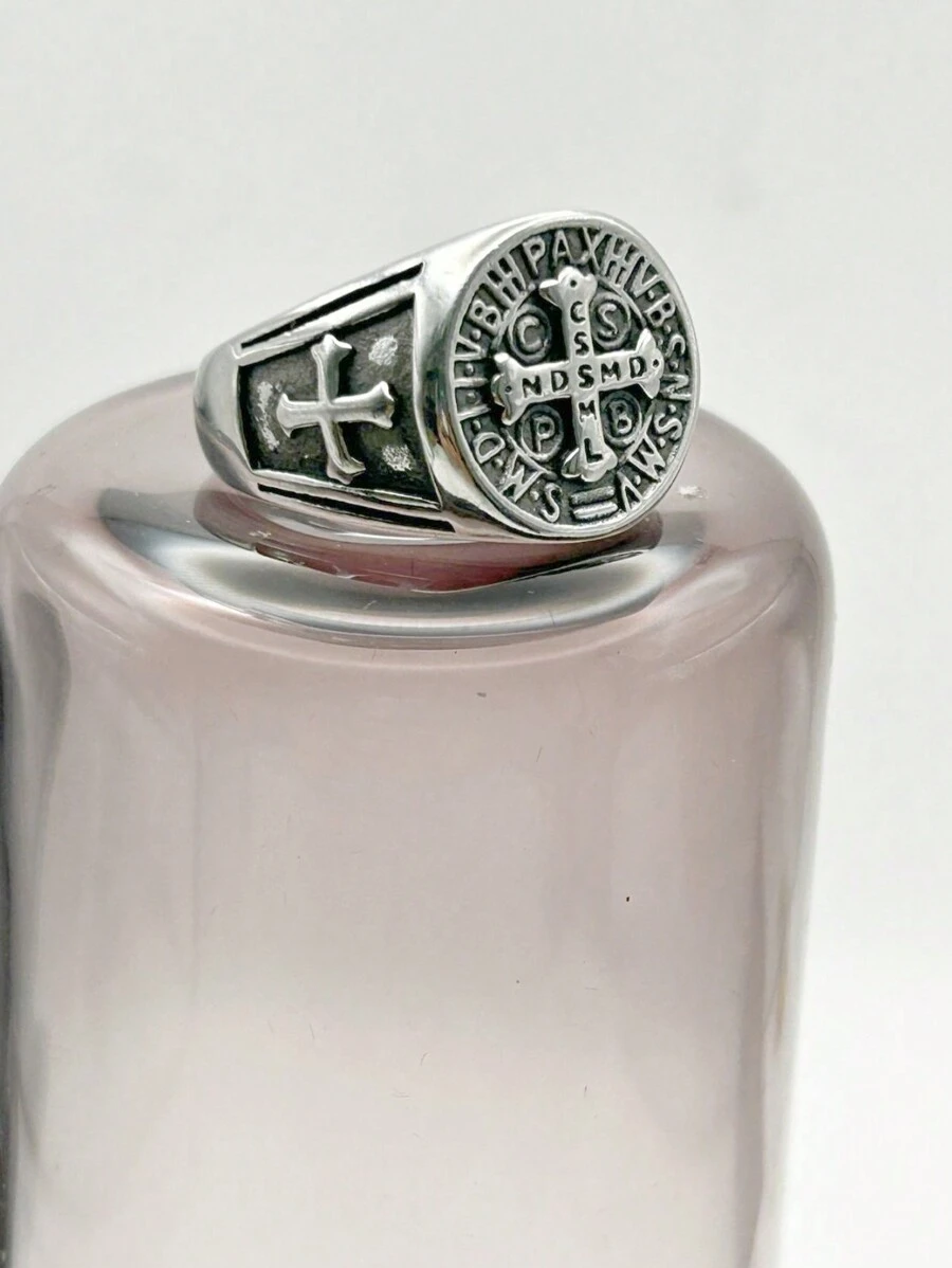 Men's Stainless Steel Ring Order Of Protection Of Saint Benedict Gold Plated Silver Cross - Bạc - Xem 1