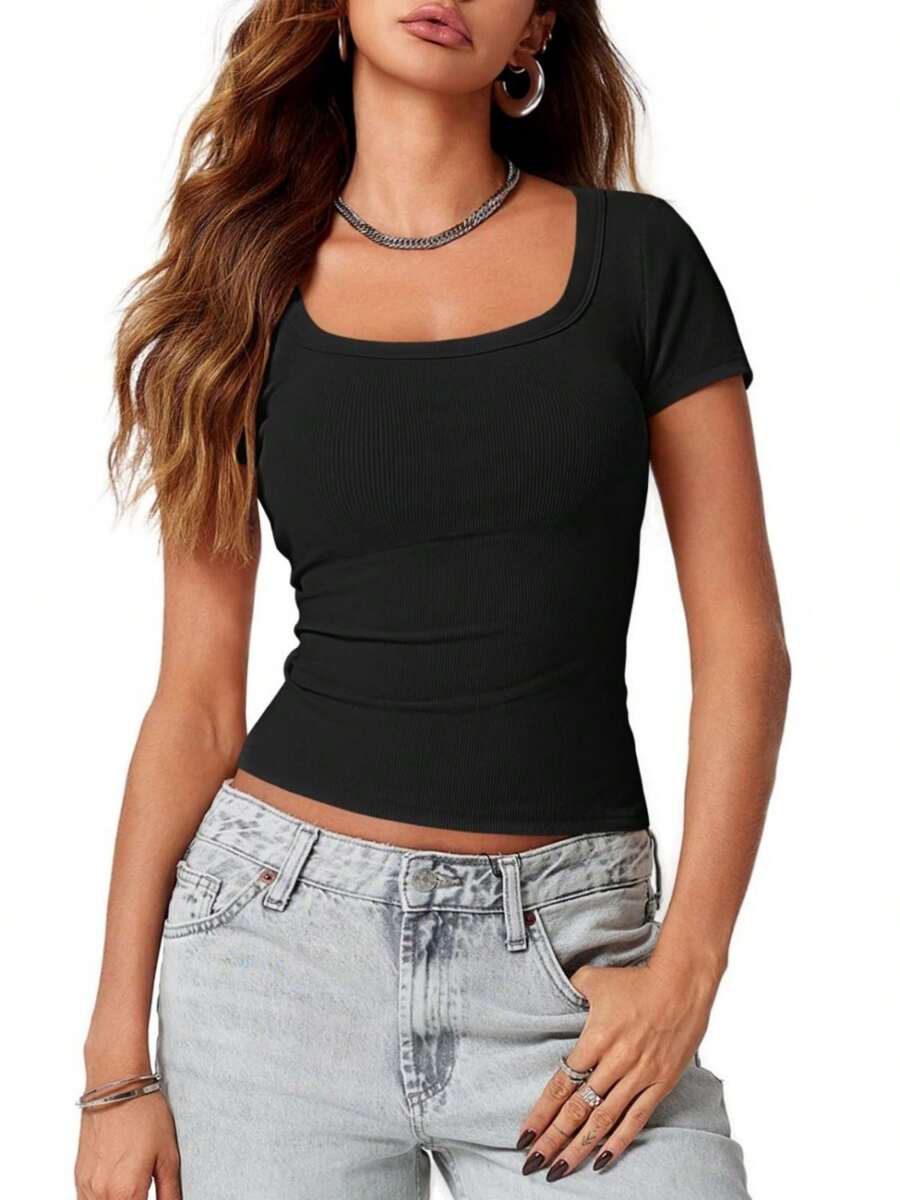 KAHULE Womens Scoop Neck Short Sleeve Casual Tshirts Tops Summer Going Out Work Cute Fitted Shirts - màu đen - Xem 1