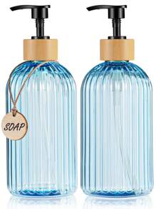 GAONLY 2 pièces Distributeur de savon bleu clair de 500 ml pour la cuisine, distributeur de savon liquide rechargeables avec pompe en bambou, distributeur de savon transparent pour la salle de bain pour le savon à vaisselle, le savon pour les mains, décoration de salle de bain maison, décoration d'automne, retour à l'école