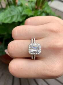 AIHUASI 2pcs/Set Dainty 925 Sterling Silver Wedding Engagement Women Rings Elegant Style 6*8mm 2.0Ct Emerald Cut Sparkling AAAAA Grade Cubic Zirconia Bridal Set Fine Jewelry Gift - Silver - View 9